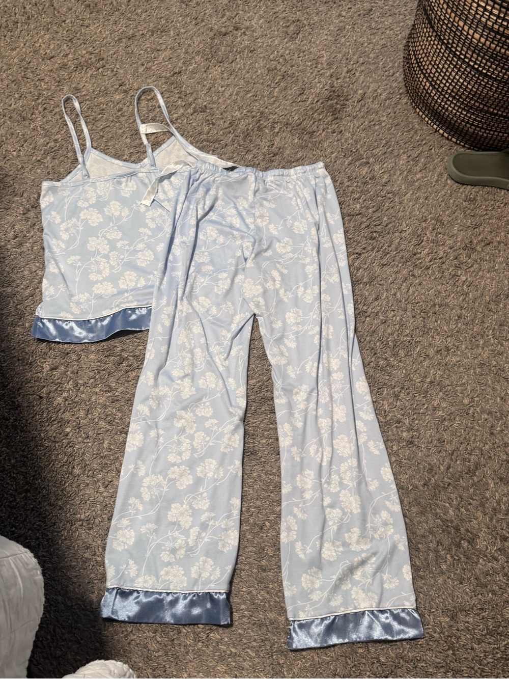 Light Blue Floral Camisole & Pant Pajama Set with Satin Trim